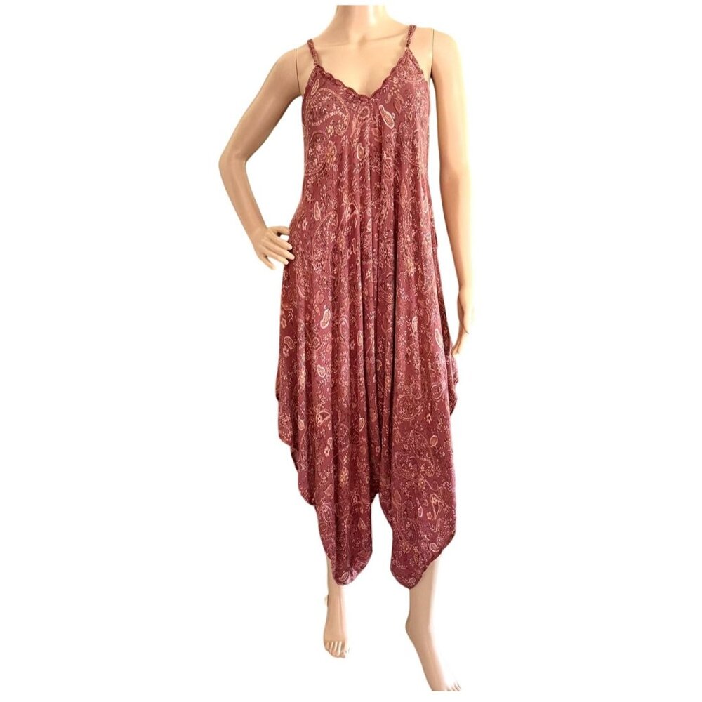 Vici Boho Harem Jumpsuit Rust Red Paisley Print Scallop Trim Size Small